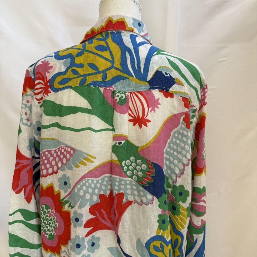 Boden Linen Long Sleeve Floral Bird Button Up Blouse Women 10R Boho Resort - Picture 5 of 13